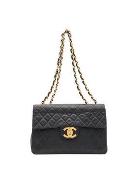 Chanel Maxi Quilted CC Logo Chain Shoulder Bag 2-Way Leather Black Gold